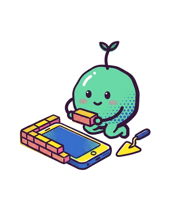 Mo, mint green, building a little brick wall around a phone.