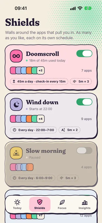 The Shields screen: groups called Doomscroll, Wind down and Slow morning, each with its own apps and schedule.