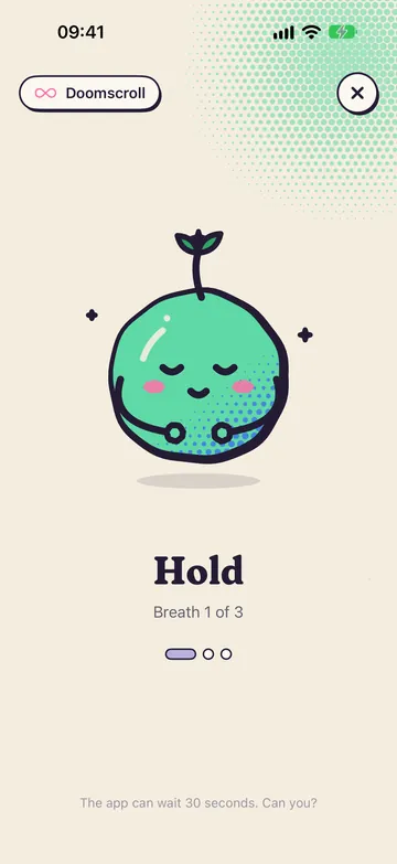Mo floating with eyes closed above the words “Breathe in”, breath 1 of 3.