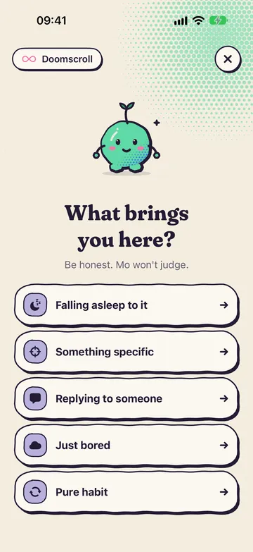 The question “What brings you here?” with four answers: something specific, replying to someone, just bored, pure habit.